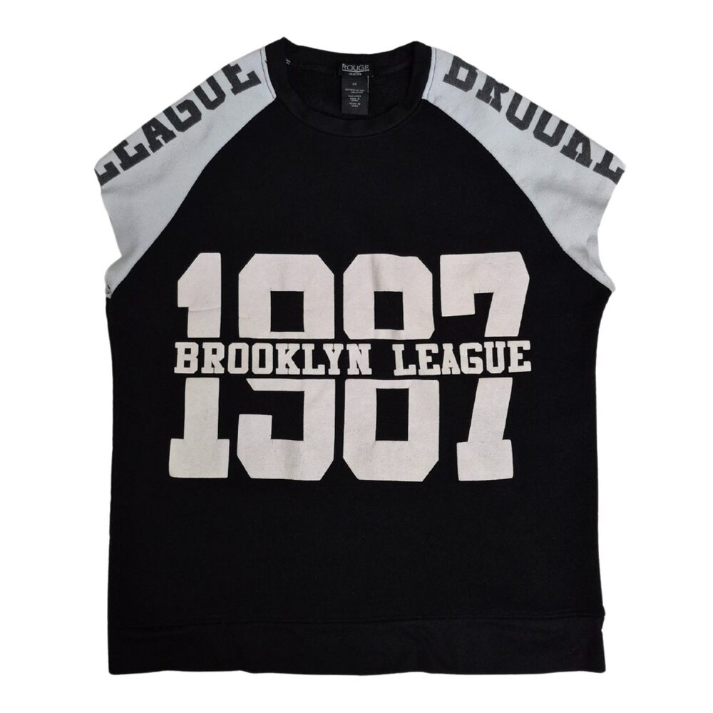 Vintage Pullover Fleece Sweater Women's "Brooklyn League 1987" Cut out Sleeves
